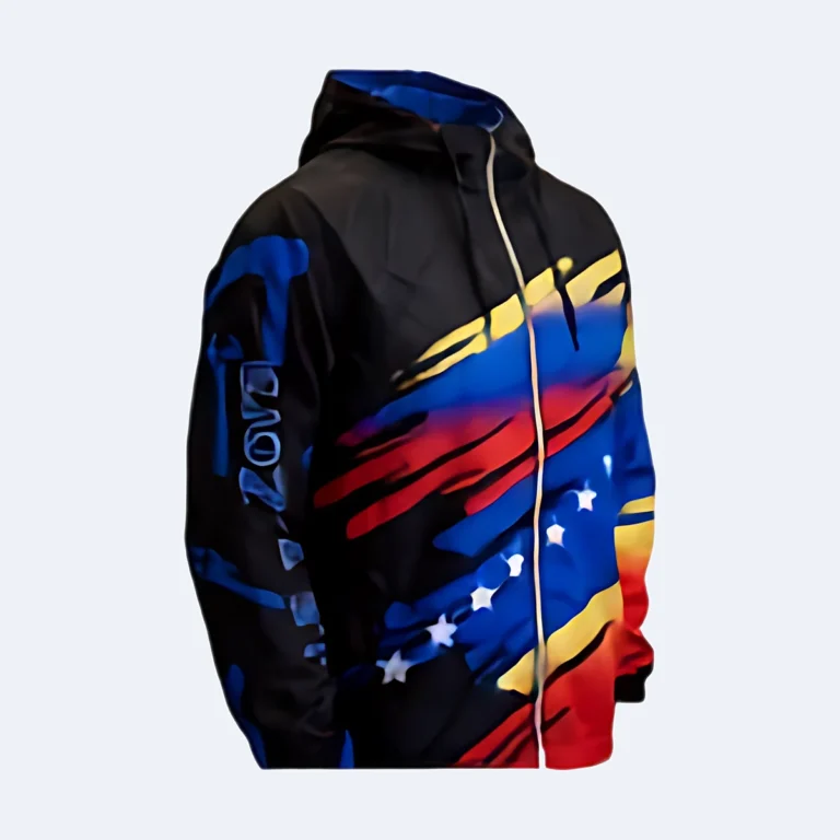 Chaqueta cortaviento sublimada con diseño tricolor y capucha