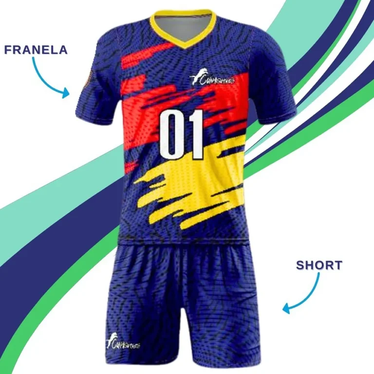 Conjunto deportivo sublimado de franela y short azul con rojo y amarillo