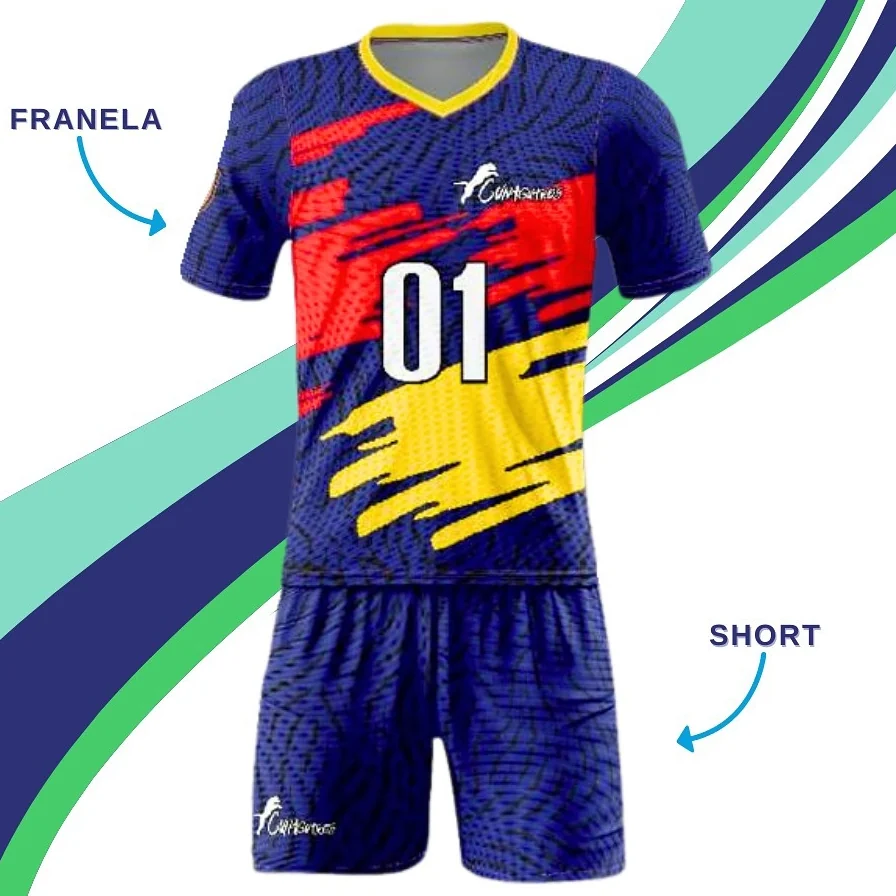 Conjunto deportivo sublimado de franela y short azul con rojo y amarillo