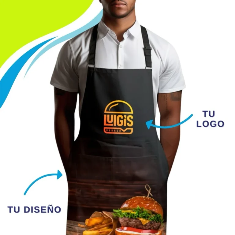 Delantal negro sublimado con logo y fotografía de una hamburguesa
