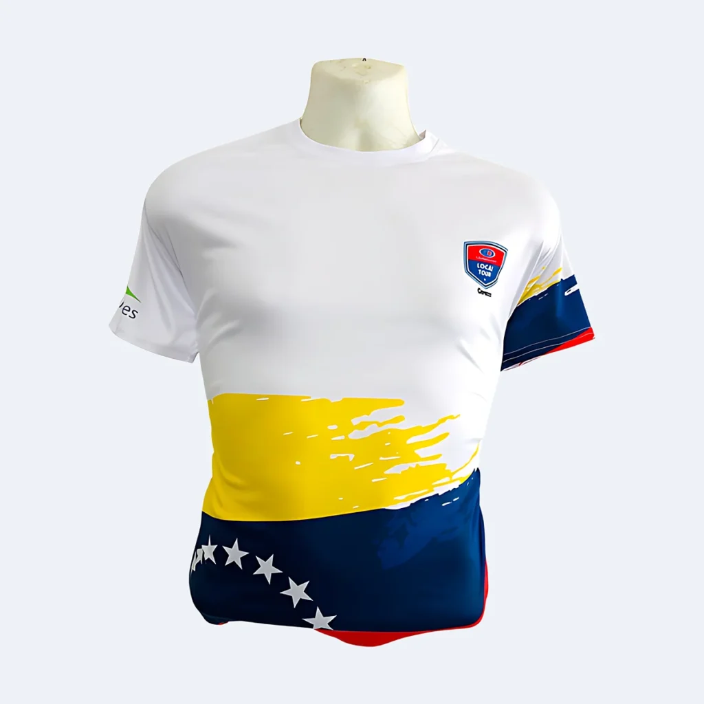 Franela blanca sublimada con diseño tricolor y estrellas