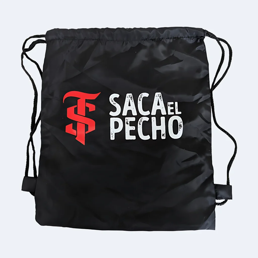 Tula deportiva negra con estampado en blanco y rojo