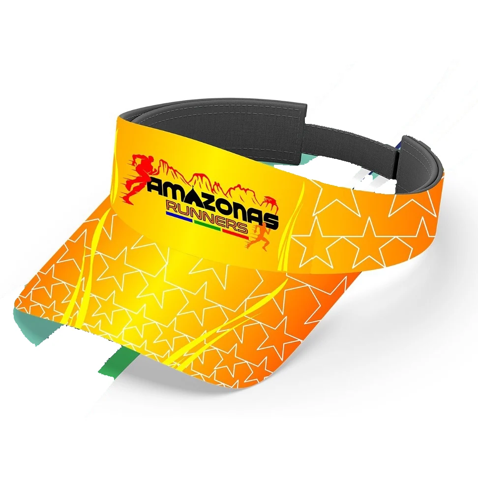 Visera deportiva sublimada en naranja y amarillo con estrellas